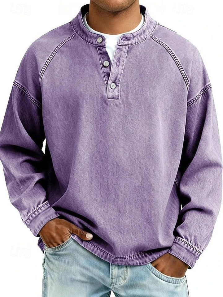 Herr retro henley stickad tröja långärmad sliten-stil pullover