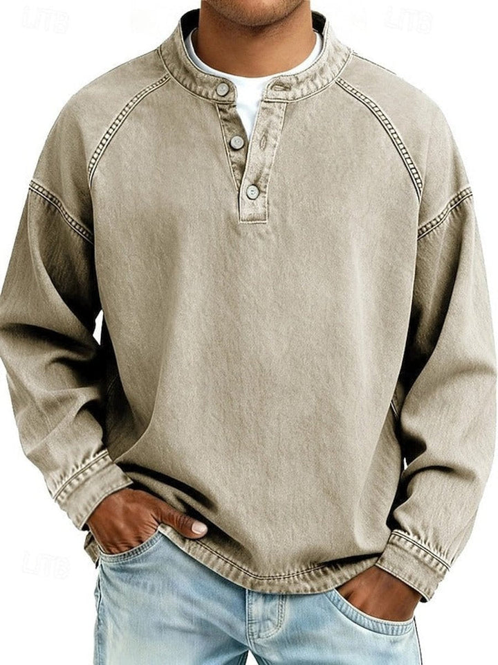 Herr retro henley stickad tröja långärmad sliten-stil pullover