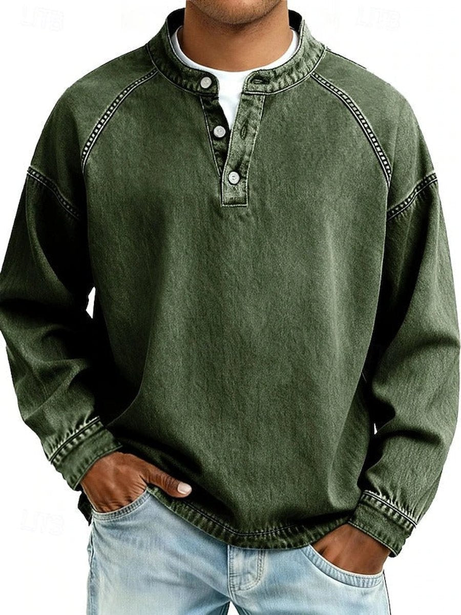 Herr retro henley stickad tröja långärmad sliten-stil pullover