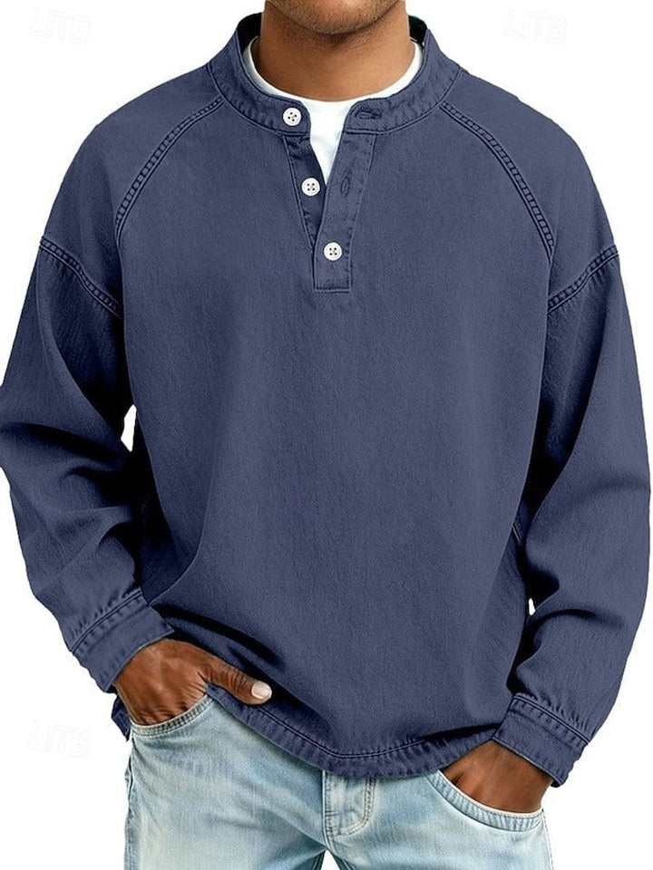 Herr retro henley stickad tröja långärmad sliten-stil pullover