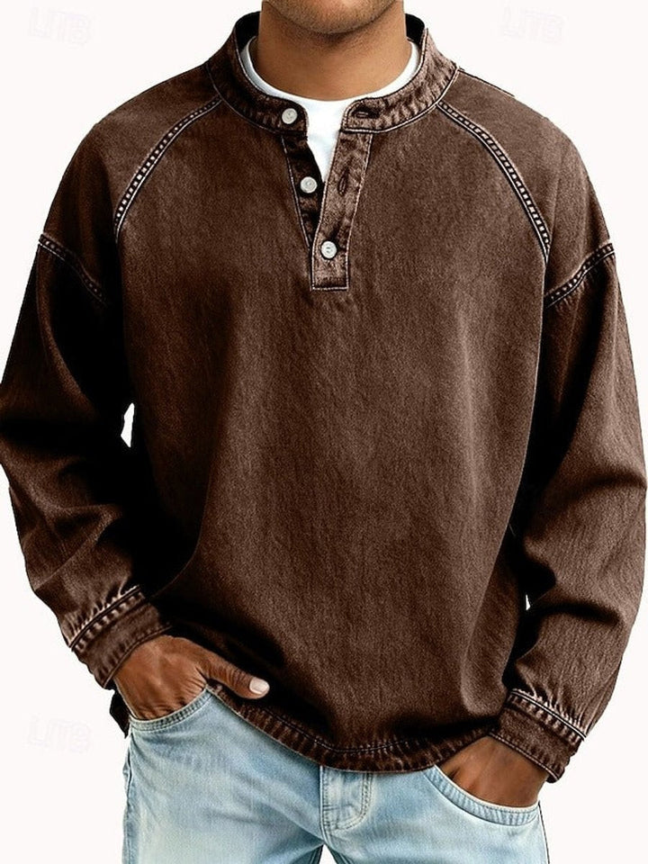 Herr retro henley stickad tröja långärmad sliten-stil pullover