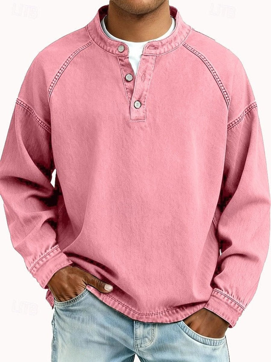 Herr retro henley stickad tröja långärmad sliten-stil pullover