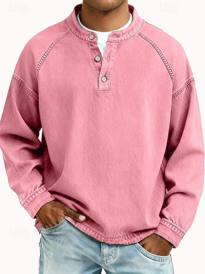 Herr retro henley stickad tröja långärmad sliten-stil pullover