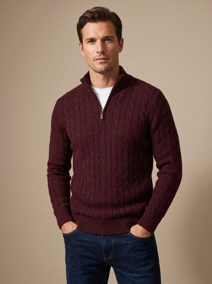 Herr kabelstickad pullover med zippered krage
