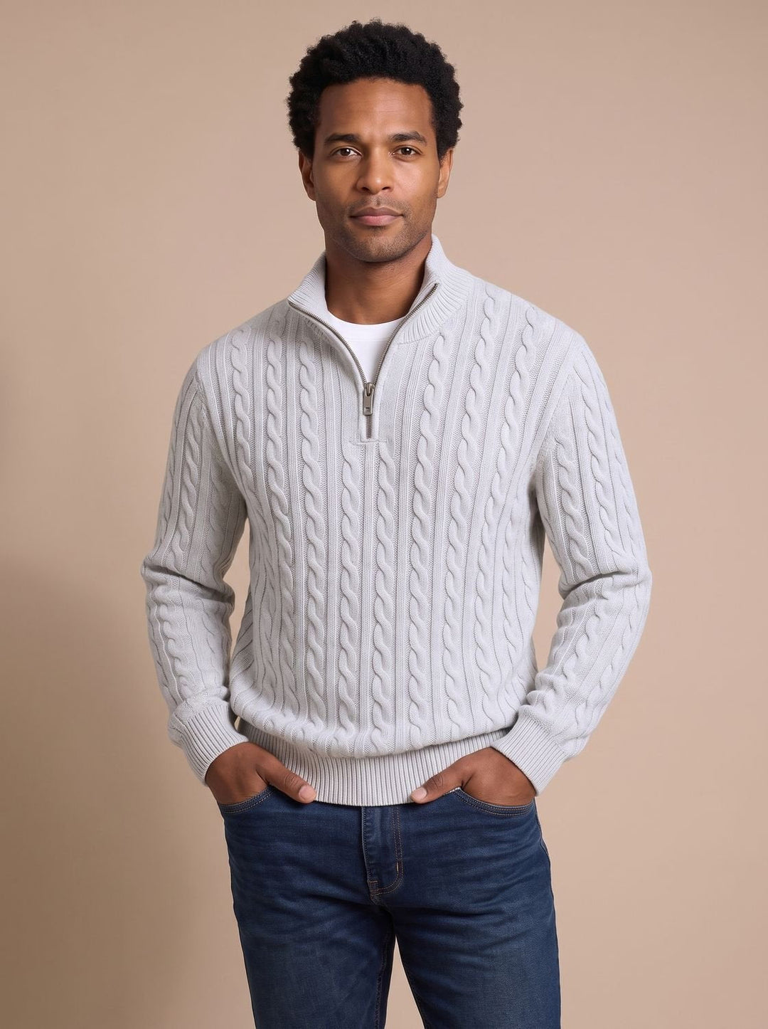 Herr kabelstickad pullover med zippered krage