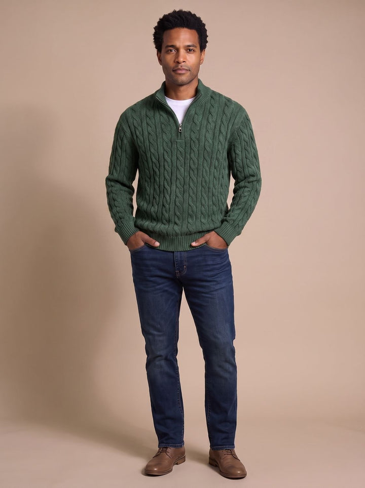 Herr kabelstickad pullover med zippered krage