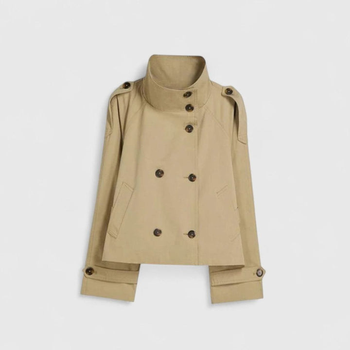Kort trenchcoat för kvinnor dubbelknäppt stående krage