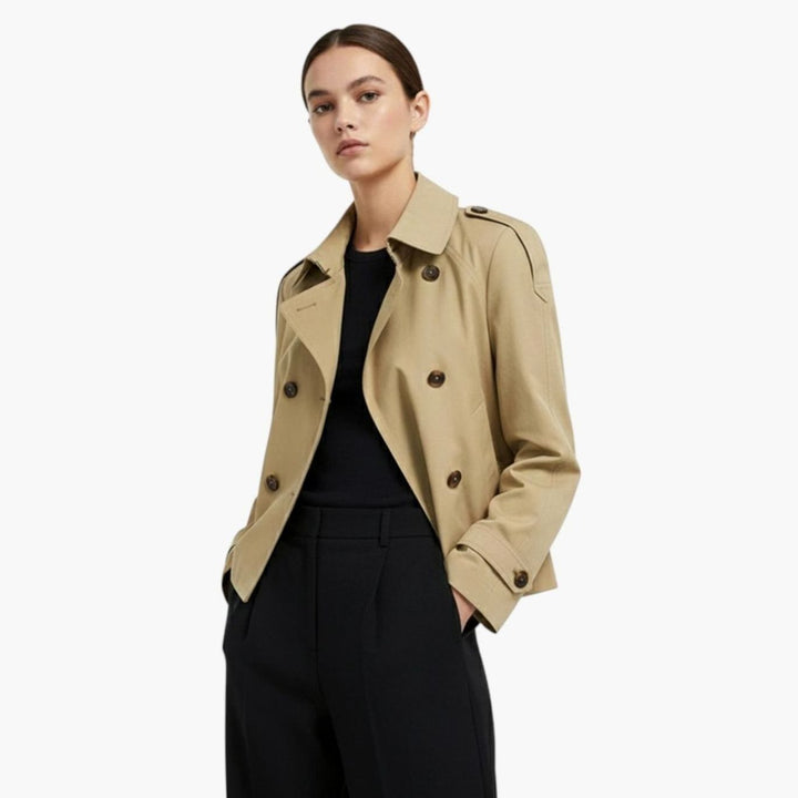 Kort trenchcoat för kvinnor dubbelknäppt stående krage