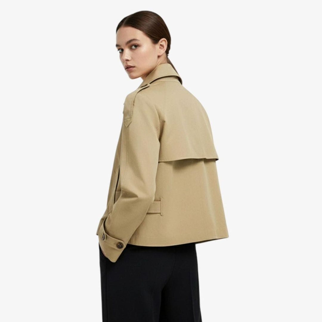 Kort trenchcoat för kvinnor dubbelknäppt stående krage