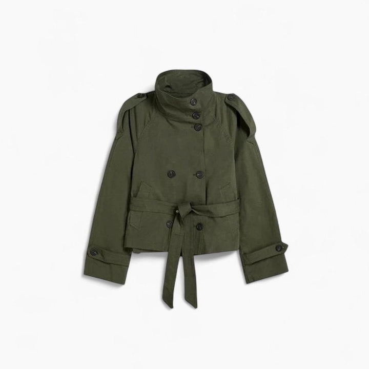 Kort trenchcoat för kvinnor dubbelknäppt stående krage