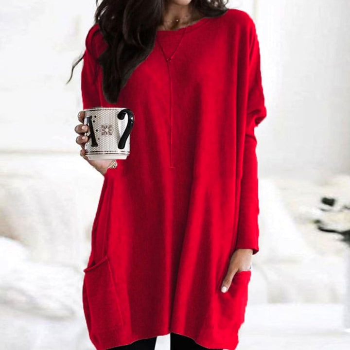 Dam oversize lång tröja med rund halsringning och framfickor