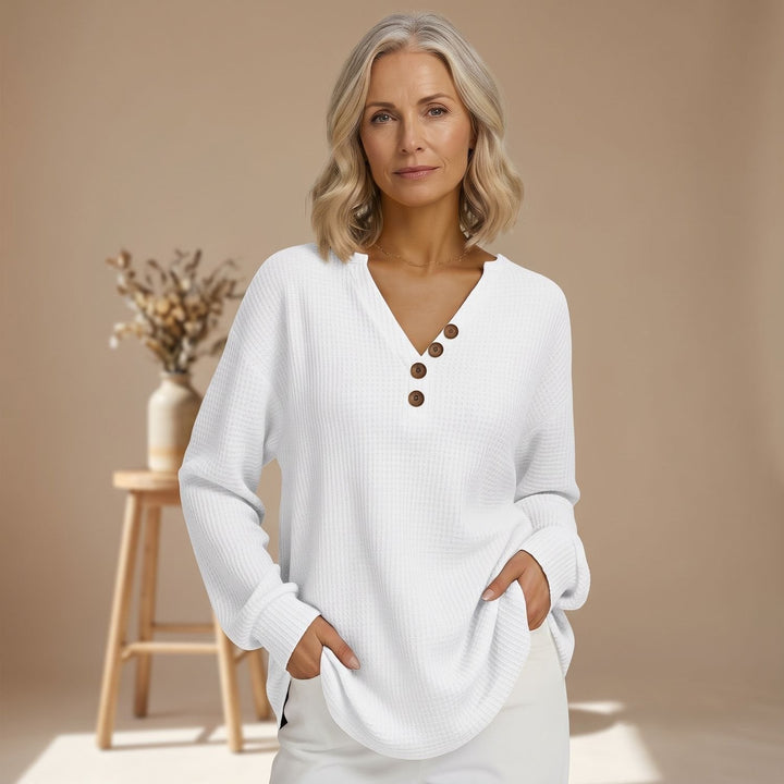 Dam oversized våffelstickad Henley-tröja med V-ringning