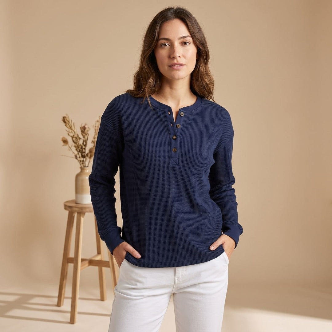 Dam oversized våffelstickad Henley-tröja med V-ringning