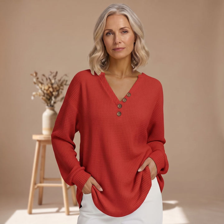 Dam oversized våffelstickad Henley-tröja med V-ringning