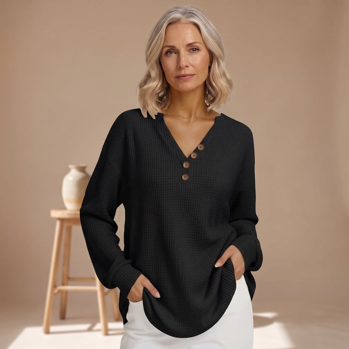 Dam oversized våffelstickad Henley-tröja med V-ringning