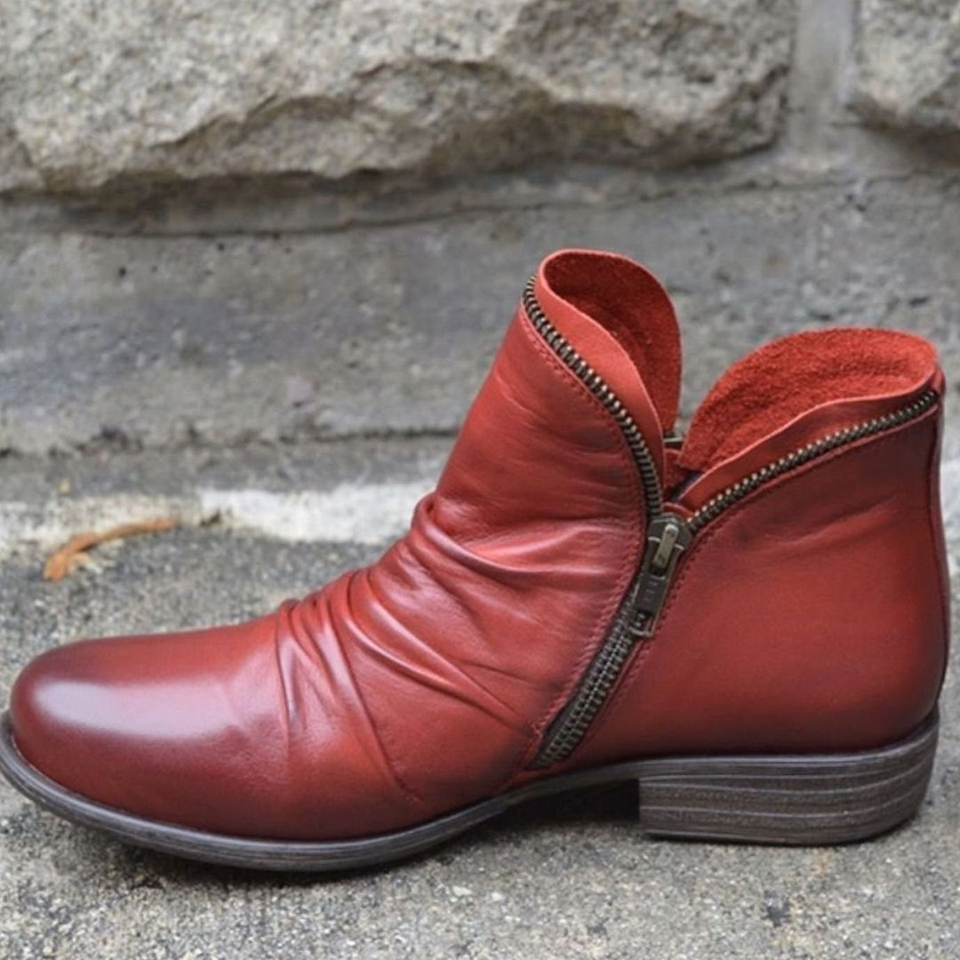 Dam ankelboots med plisserad läder stil och dragkedja