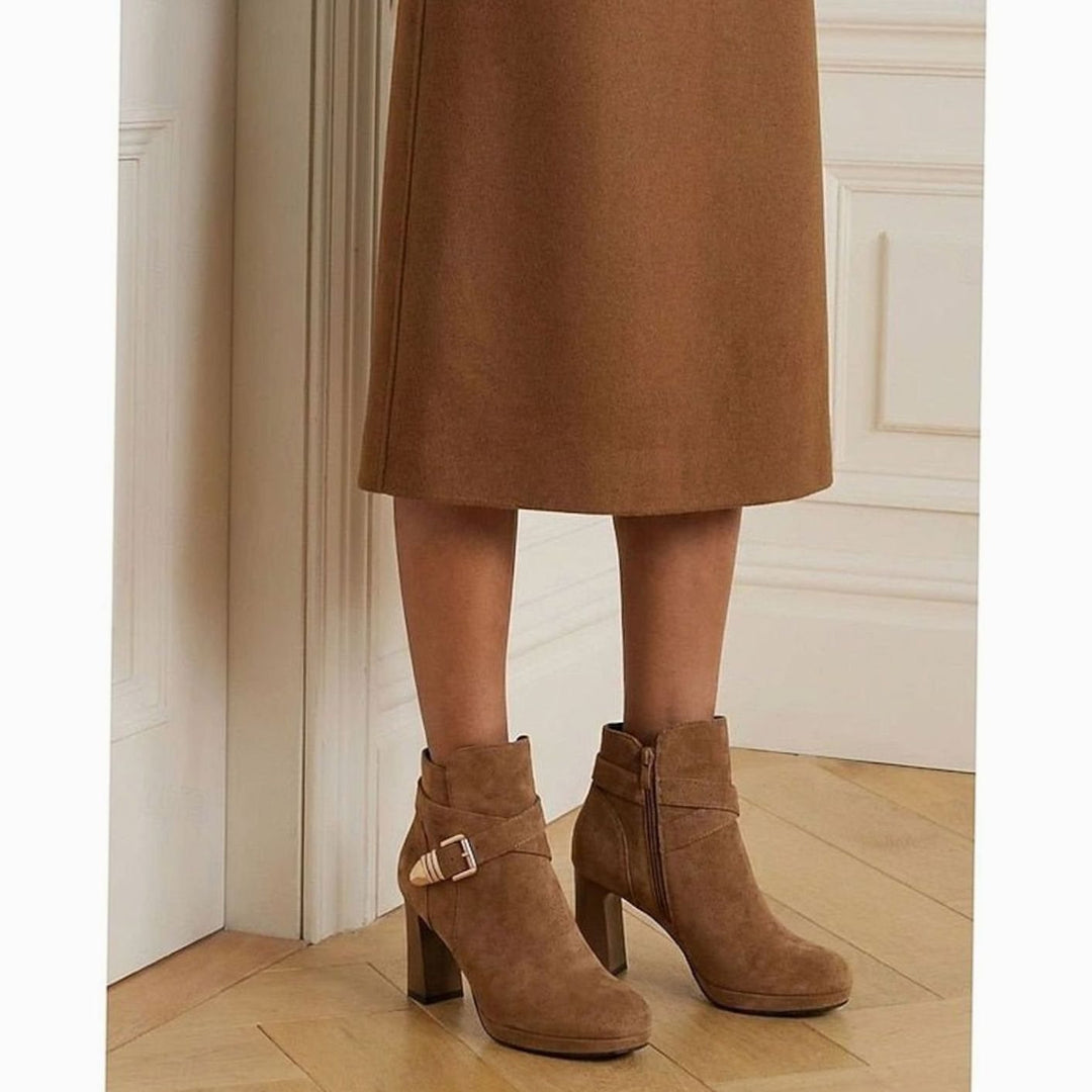 Dam ankelboots med blockklack mocka spänne dragkedja