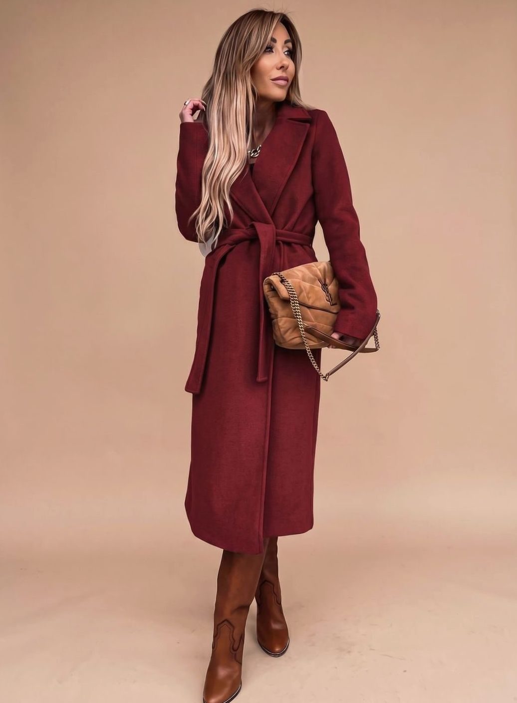 Dam trenchcoat elegant lång kappa med knytband bälte och slagkrage