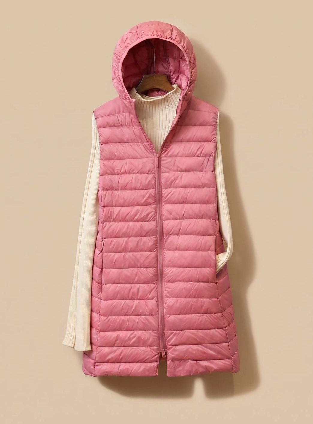 Dam vinterkappa lång ärmlös quiltad parkas med huva